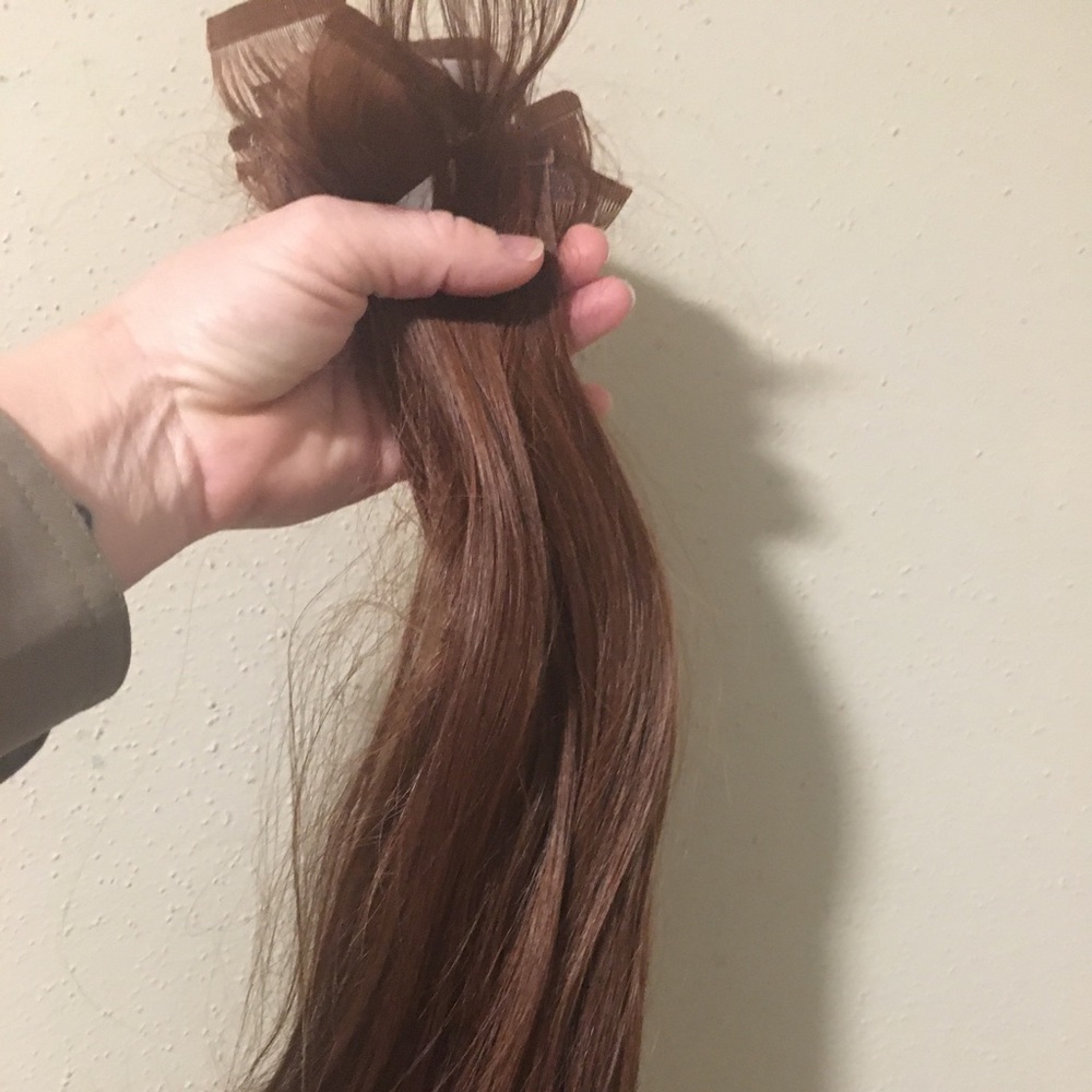 12” tape in Easi hair extensions - reddish brown.